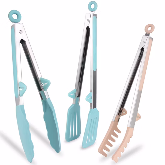 Set di utensili da cucina con manico in acciaio inossidabile da 9/12 pollici resistente al calore, set di clip per alimenti in silicone